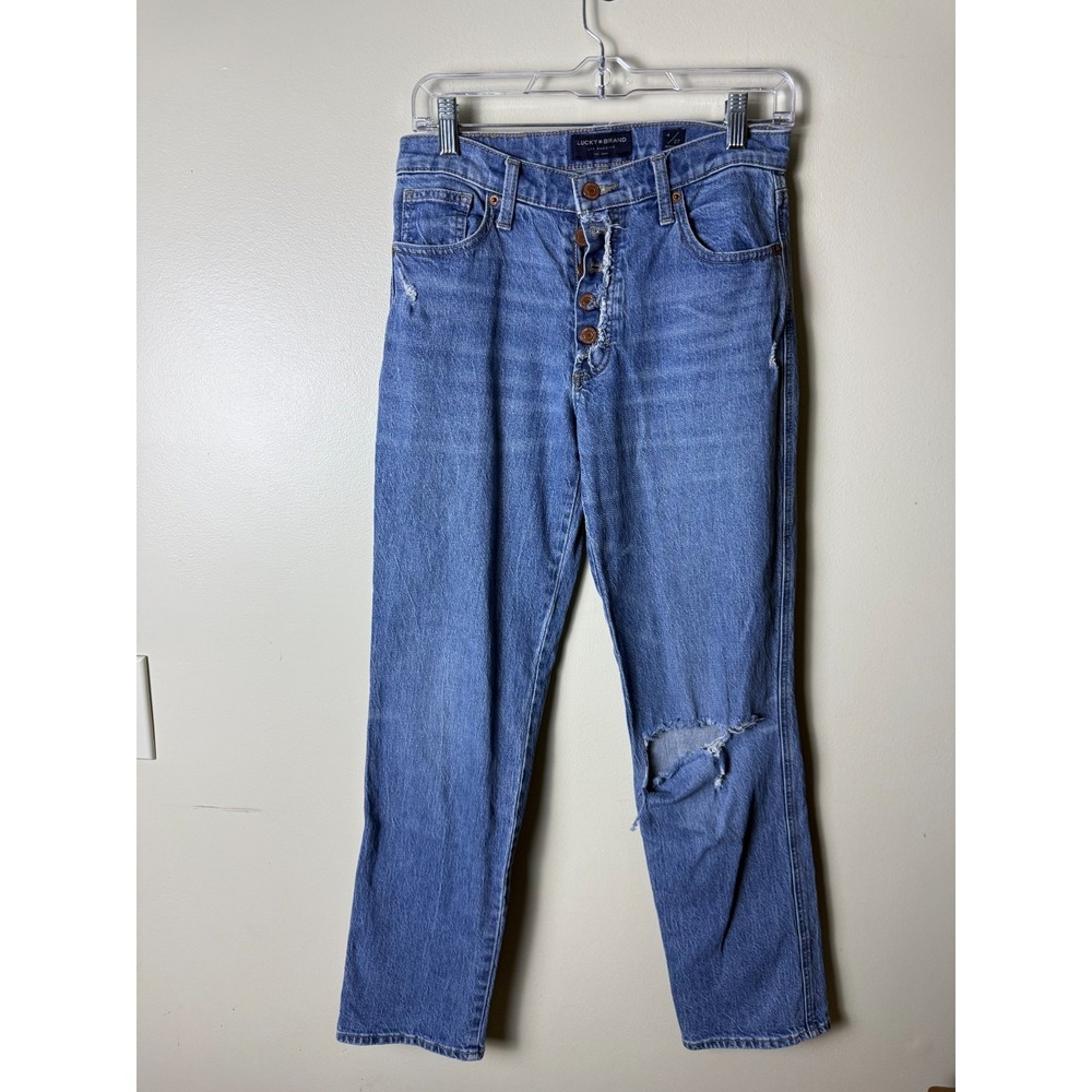 Lucky Brand Jeans Women's 4/27 Reg Blue Wash Mid Rise Button Fly Distressed